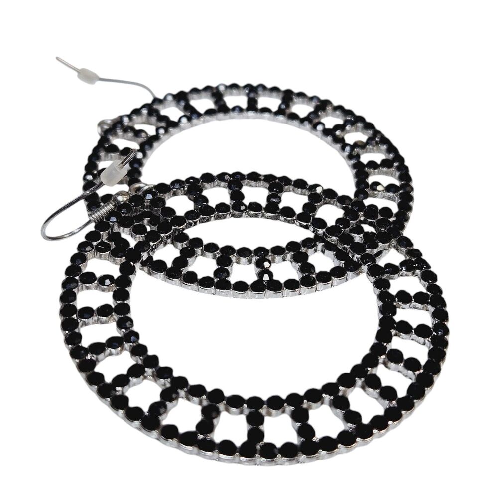 Black Rhinestone Dangle Fashion Earrings Pierced Classic Wheel Geometric Retro - Picture 2 of 12
